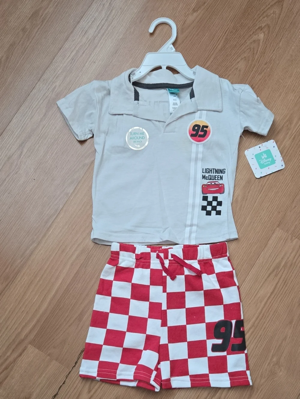 Disney Beige Polo Top & Red Checkered Shorts Lightning McQueen Set